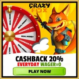 Cashback 20% Every Day at Crazy Fox Casino is on photo.