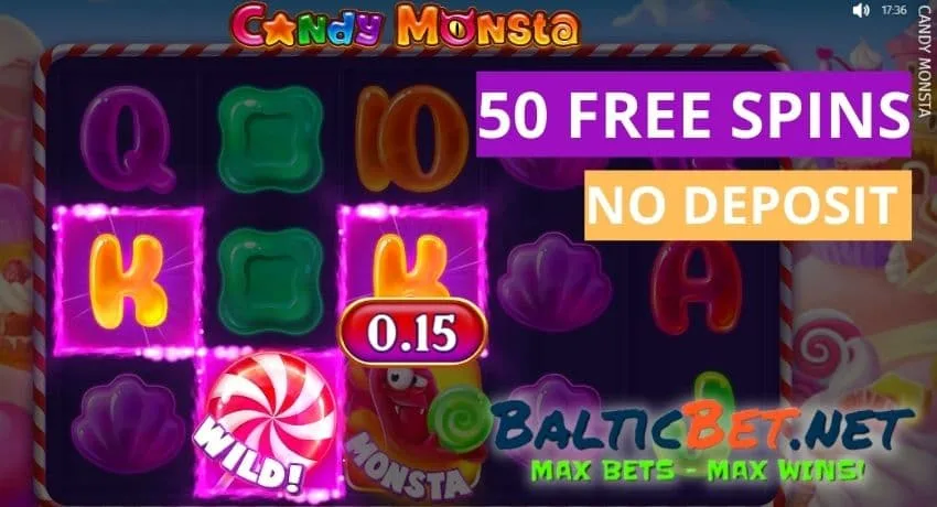 Đăng ký trong LEGZO Sòng bạc, chơi trò chơi Candy Monstra và nhận 50 vòng quay miễn phí mà không cần đặt cọc bằng mã thưởng PLAYBEST trên bức tranh.
